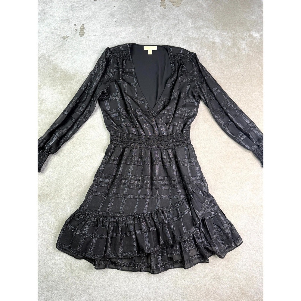 Michael Kors Ruffle Mini Dress Womens Large Black Metallic Plaid Smocked V-Neck